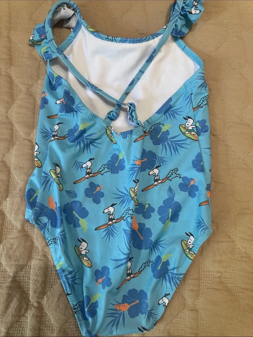 Zara Girls Blue Snoopy Surf Print One-Piece Swimsuit with Ruffle Straps